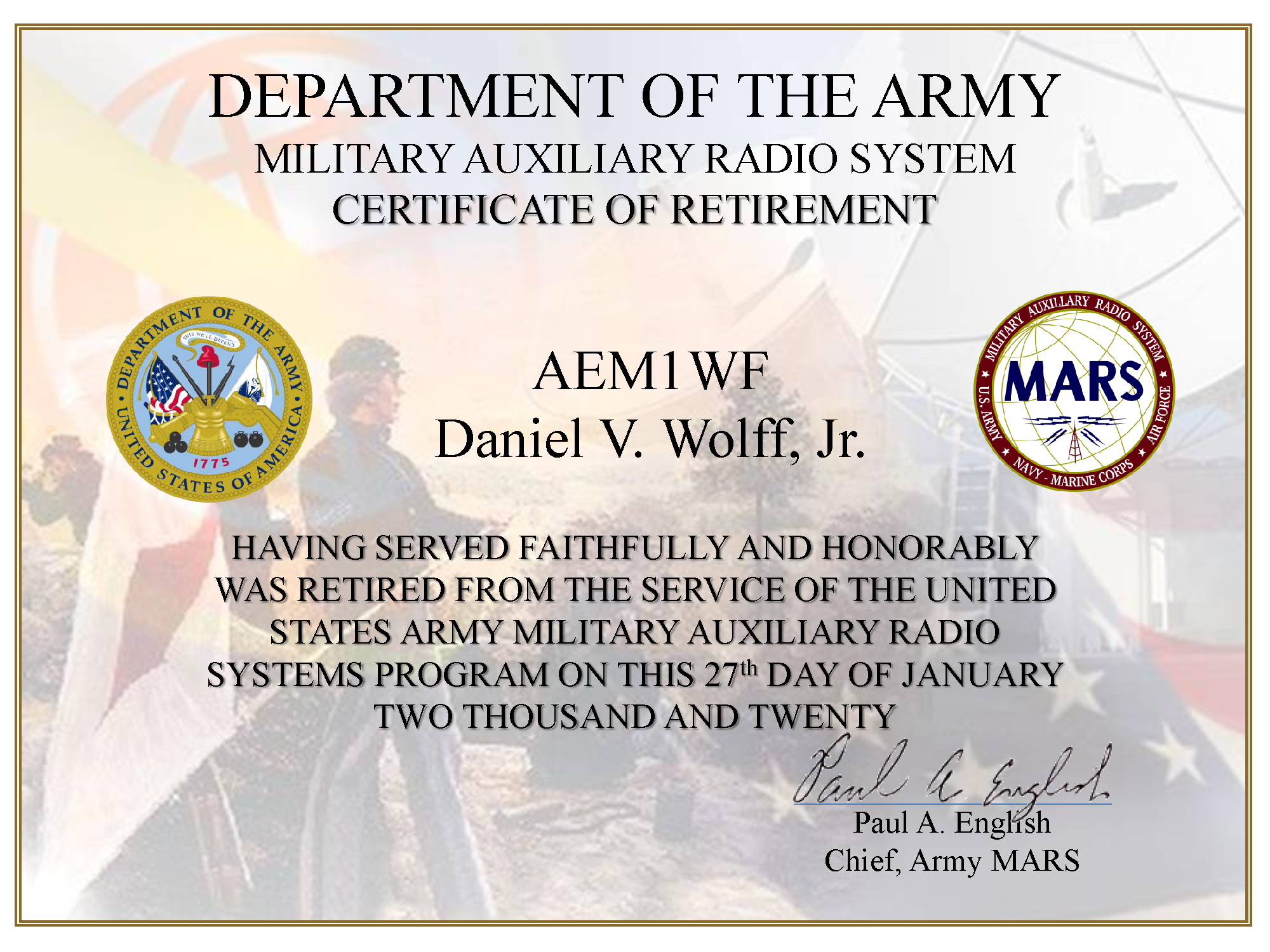 AEM1WF Retirement Certificate